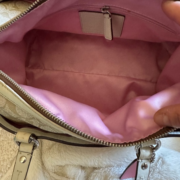 Coach Beige Canvas Satchel with Pink Accent Stripe and Tag - Picture 5 of 6